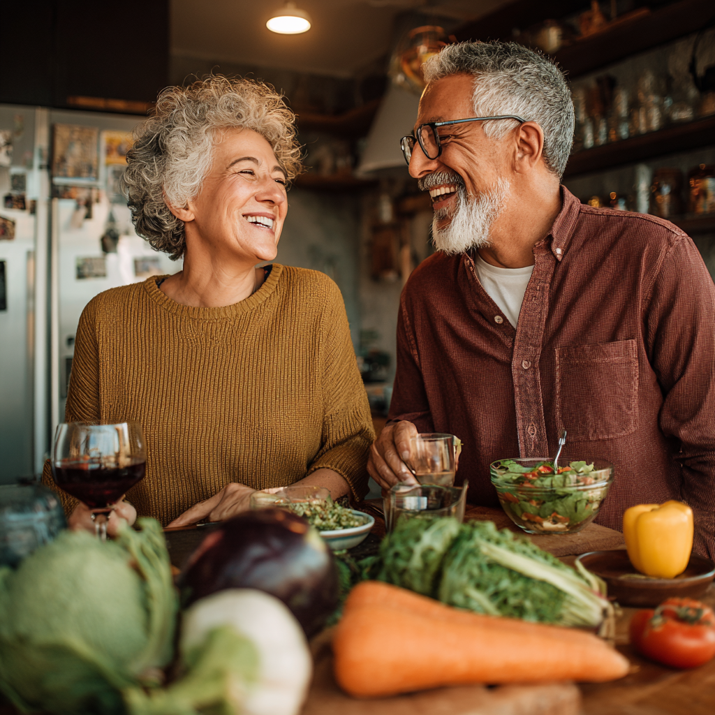 Mature couple enjoying healthy homemade meal together in bright kitchen