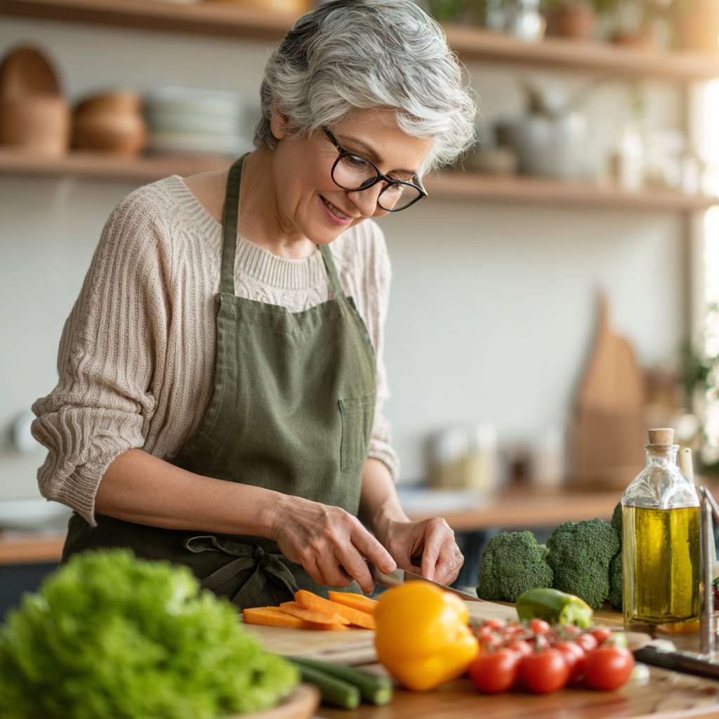 Middle-aged woman carefully preparing nutritious meal following personalized diet plan